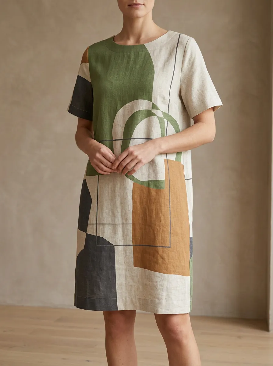 Women's Round Neck Panel-Design Geometric Print Shift Dress