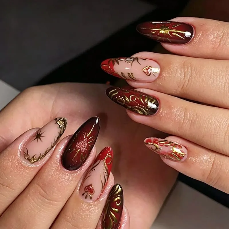 Nailhour 24Pcs Gilded Floral Red Medium Almond Press On Nails