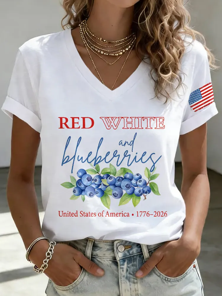 V-Neck Retro Red White And Blueberries United States Of America • 1776–2026 Print T-Shirt