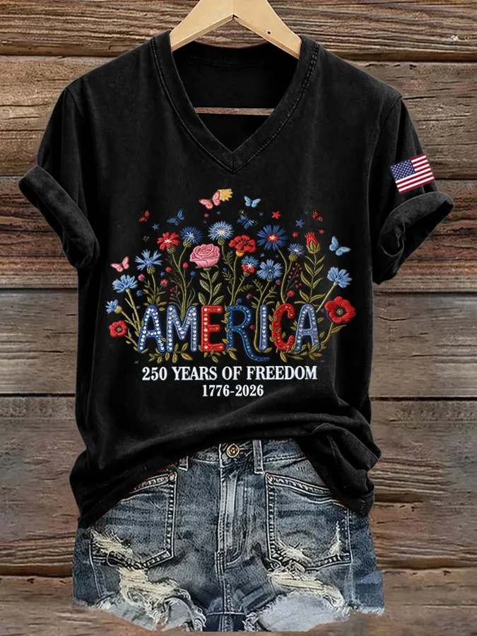 Women's 250th Anniversary Freedom Print V-Neck T-Shirt