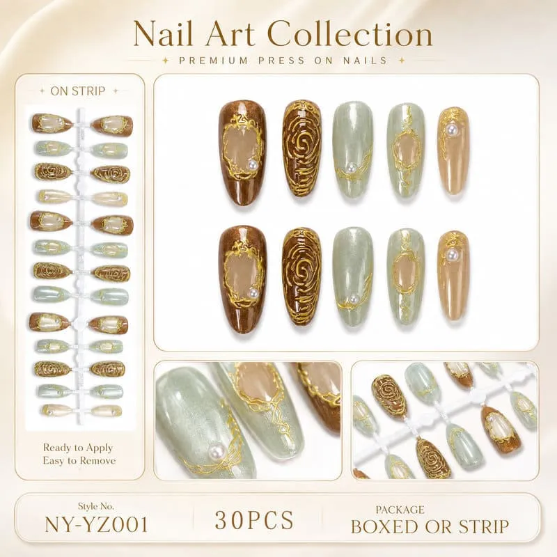 Nailhour 30Pcs Amber Gilded Medium Almond French Press On Nails