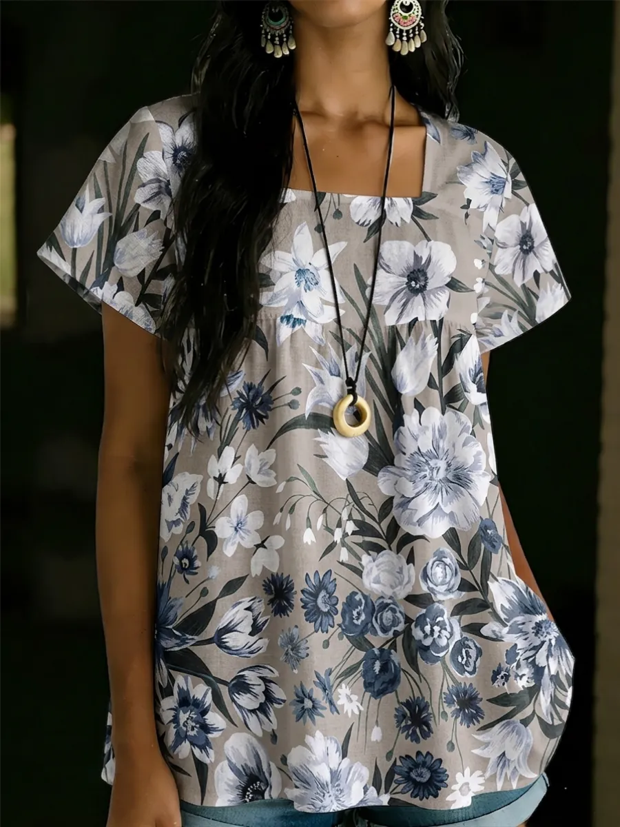 Women'S Casual Floral Print Cotton Linen Top