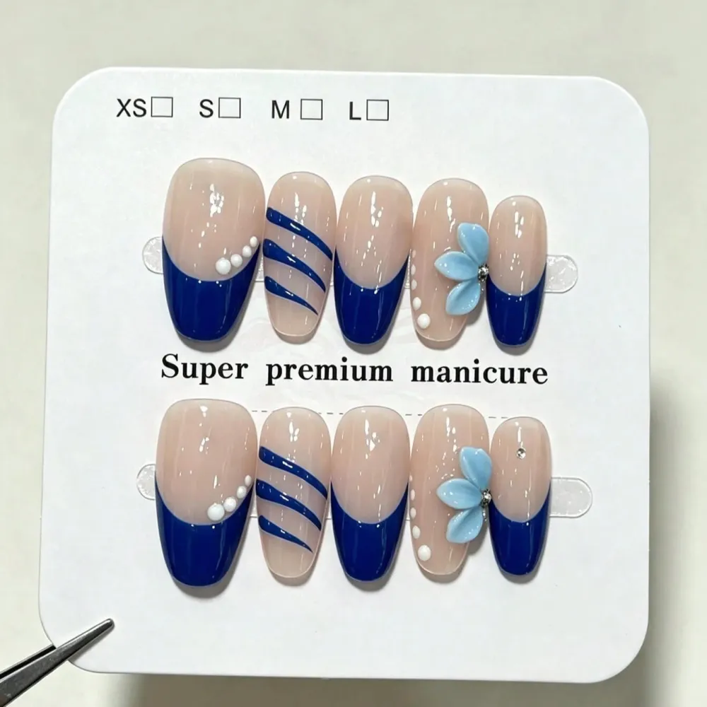 Nailhour 10Pcs Handmade French 3D Floral Medium Oval Press On Nails