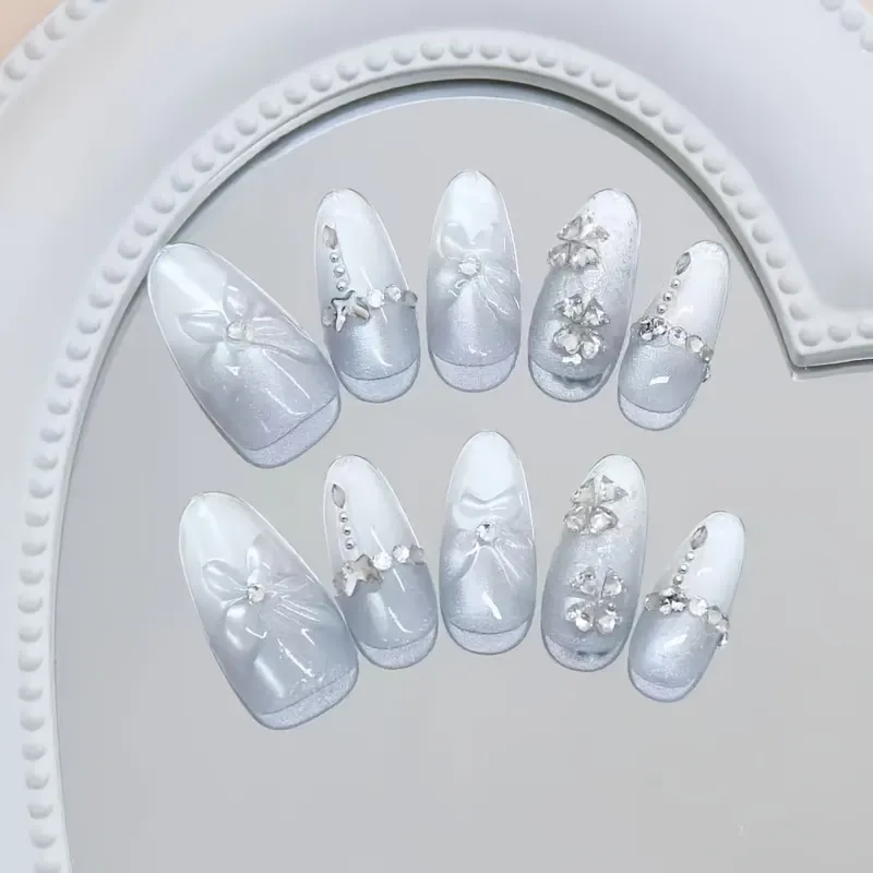 Nailhour 10Pcs Blue 3D Floral Glitter Medium Almond Press On Nails