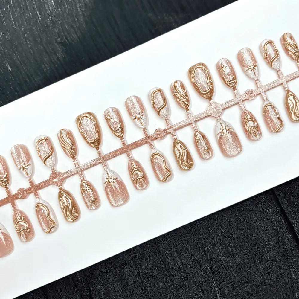 Nailhour 30Pcs Glitter 3D Medium Almond Gilded Press On Nails