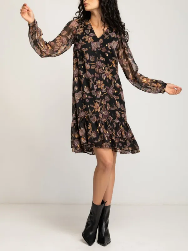 Ruffled V-Neck Print Dress