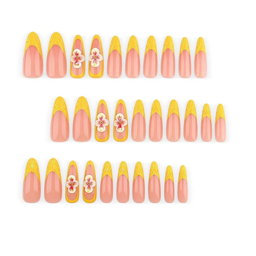 Nailhour 30Pcs Floral 3D Medium Almond Yellow Press On Nails