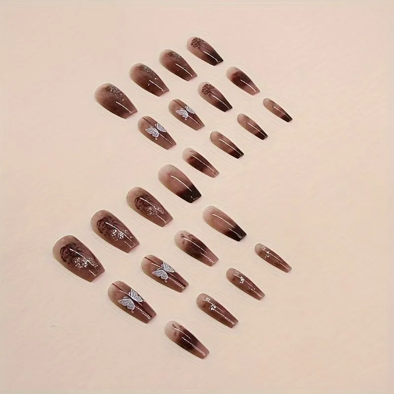 Nailhour 24Pcs Brown Vintage Glitter Medium Coffin Press On Nails