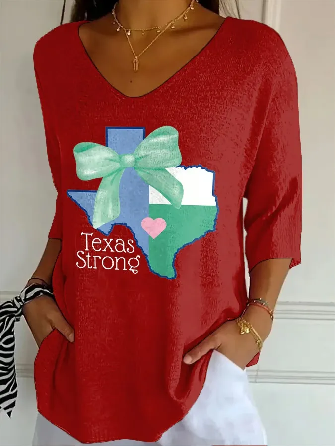 V- Neck Retro Texas Strong Green Bow Print Top