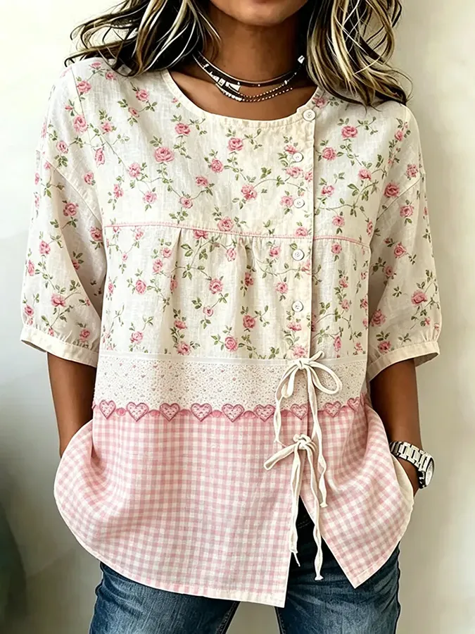 Women's casual floral cotton linen short sleeved shirt