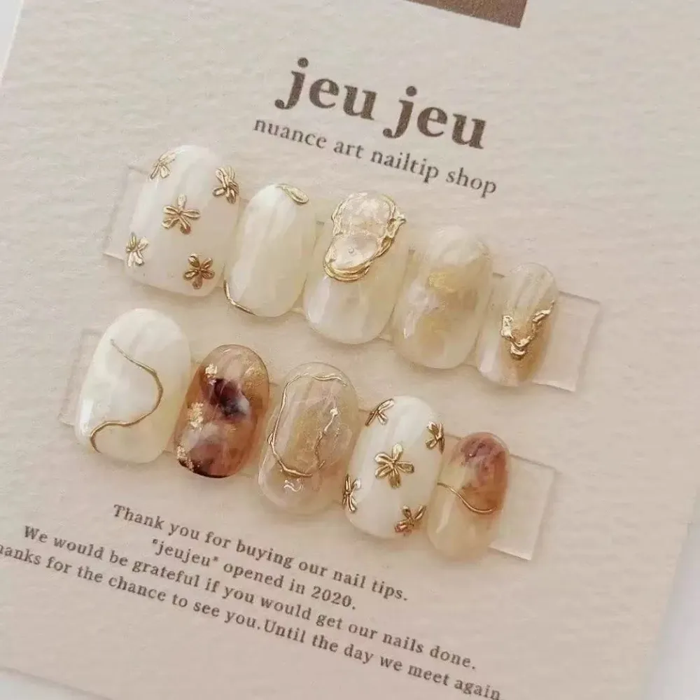 Nailhour 10Pcs French Autumn Daily Gilded Short Oval Press On Nails