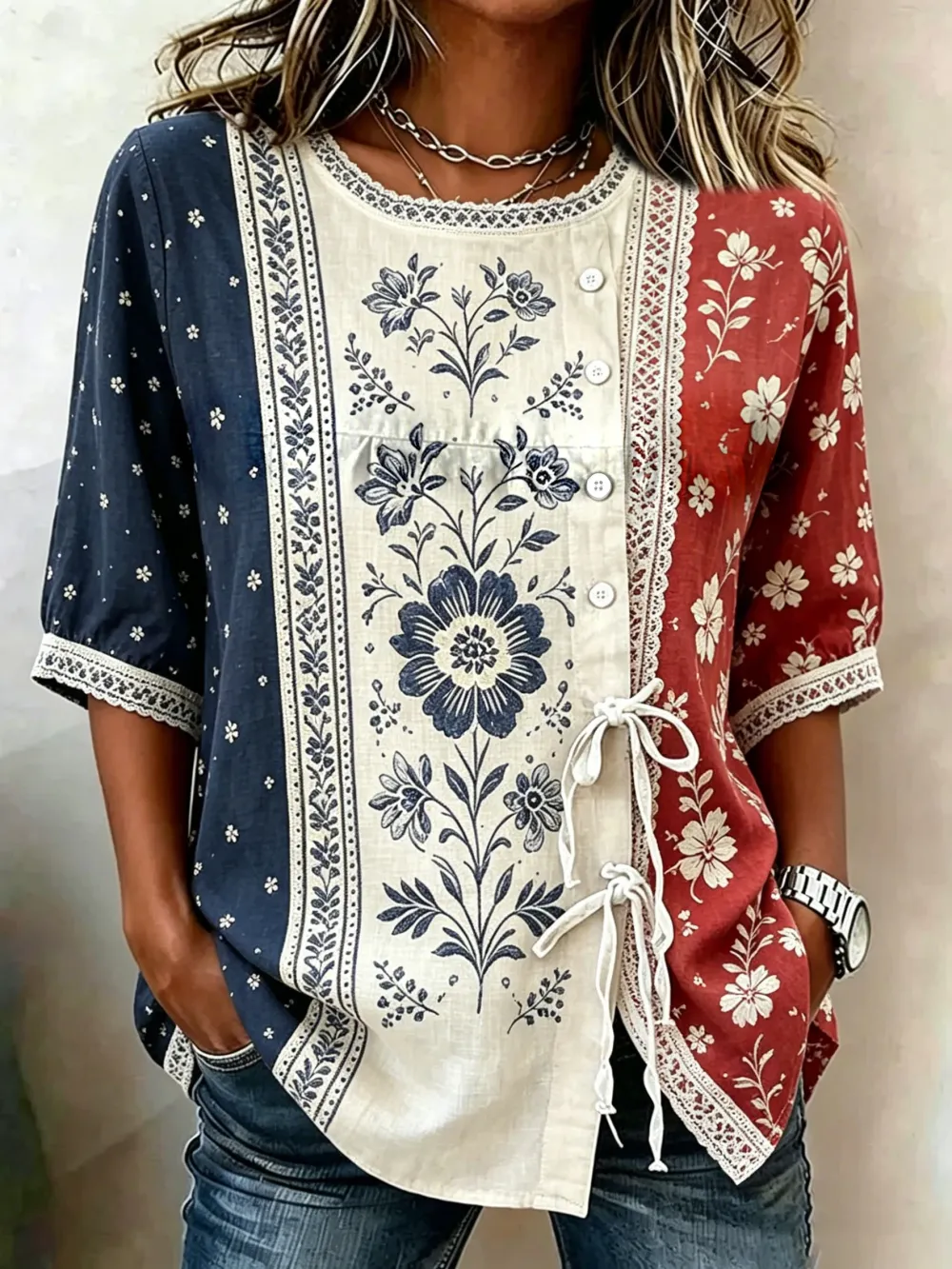 Women's Cotton Linen Floral Floral 250th Anniversary Digital Print Top