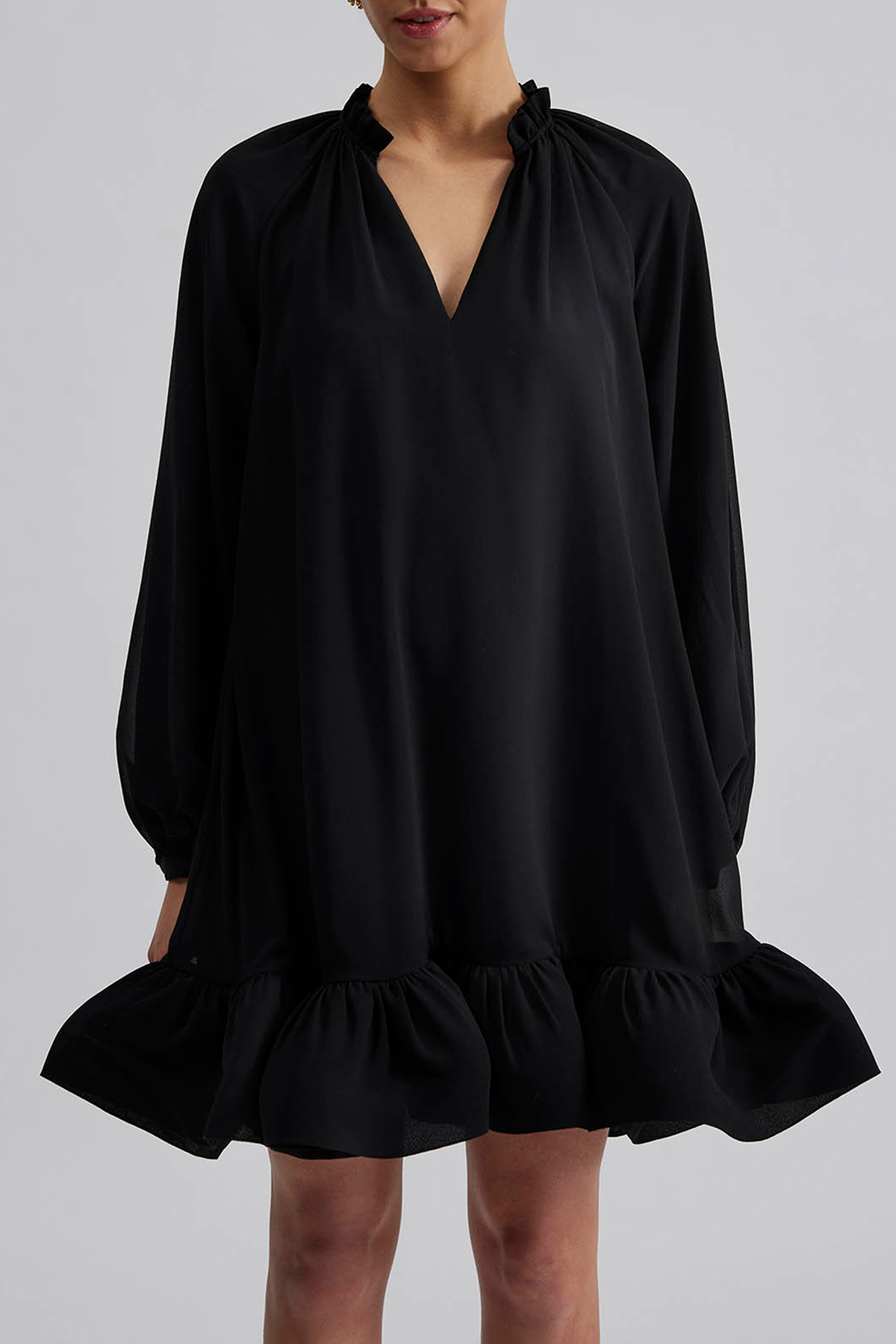 V Neck Knit Long Sleeve Ruffle Hem Mini Dress for Elegant Comfort