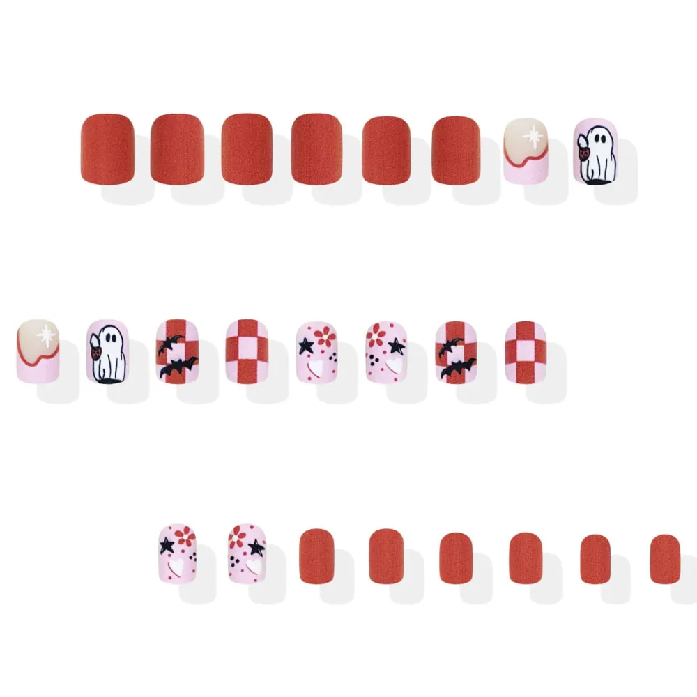Nailhour 24Pcs Halloween Multicolor Cute Ghost Short Square Press On Nails
