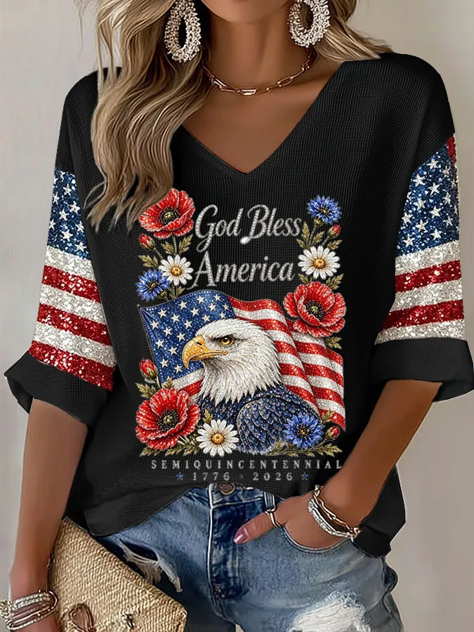 Women's American Flag Printed Casual Waffle Long Sleeve T-shirt