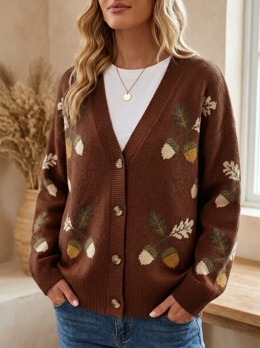 Acorn Oak Leaf Pattern Patterned Women's Knit Cardigan