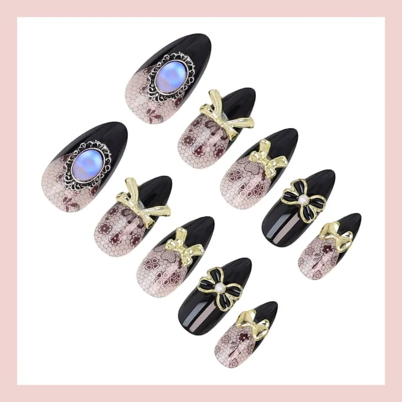 Nailhour 24Pcs Rhinestone 3D Medium Almond Vintage French Press On Nails