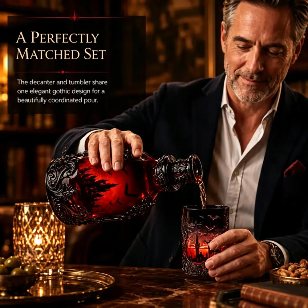 Halloween Dark Red Batwing Castle Decanter