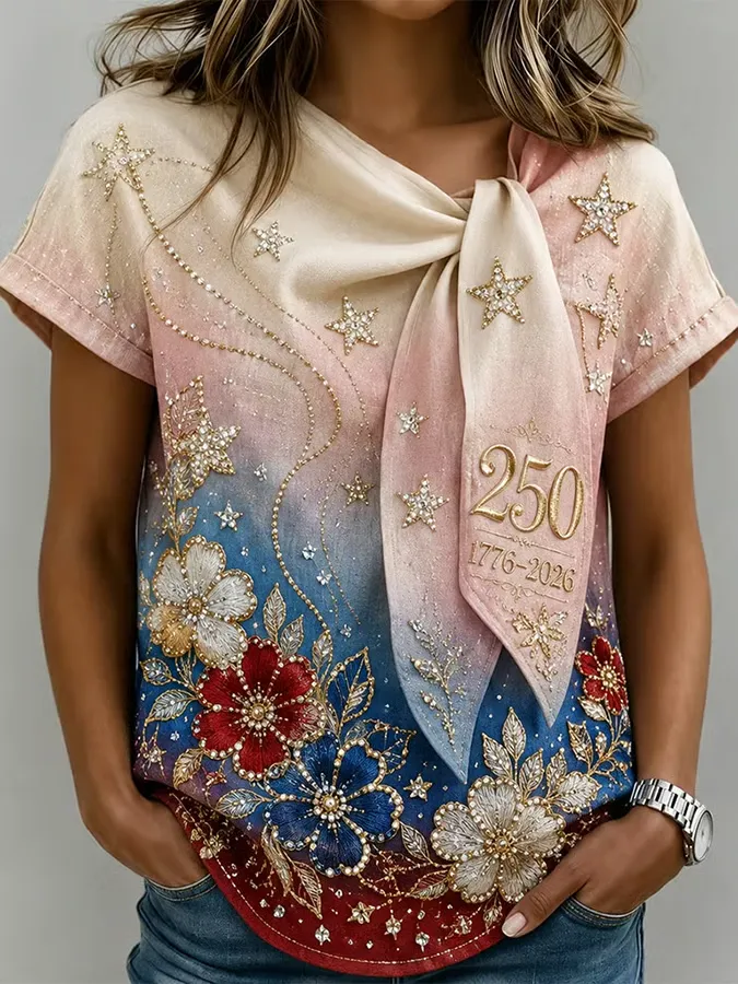 Women'S 250th Anniversary American Art Print Tie-Neck Short-Sleeve Top