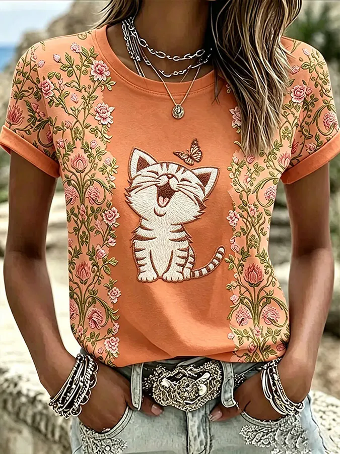 Women's Cute Cat Print Casual T-shirt