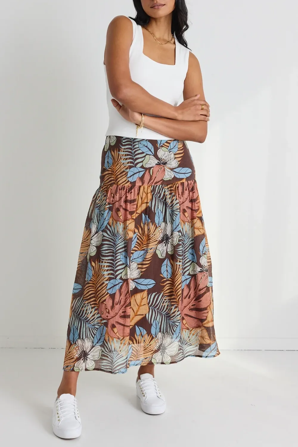 Floral Print Tiered Midi Skirt