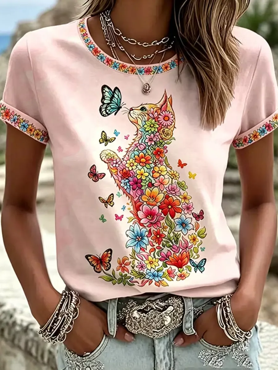 Women'S Butterflies Flowers Cat Print Casual T-Shirt