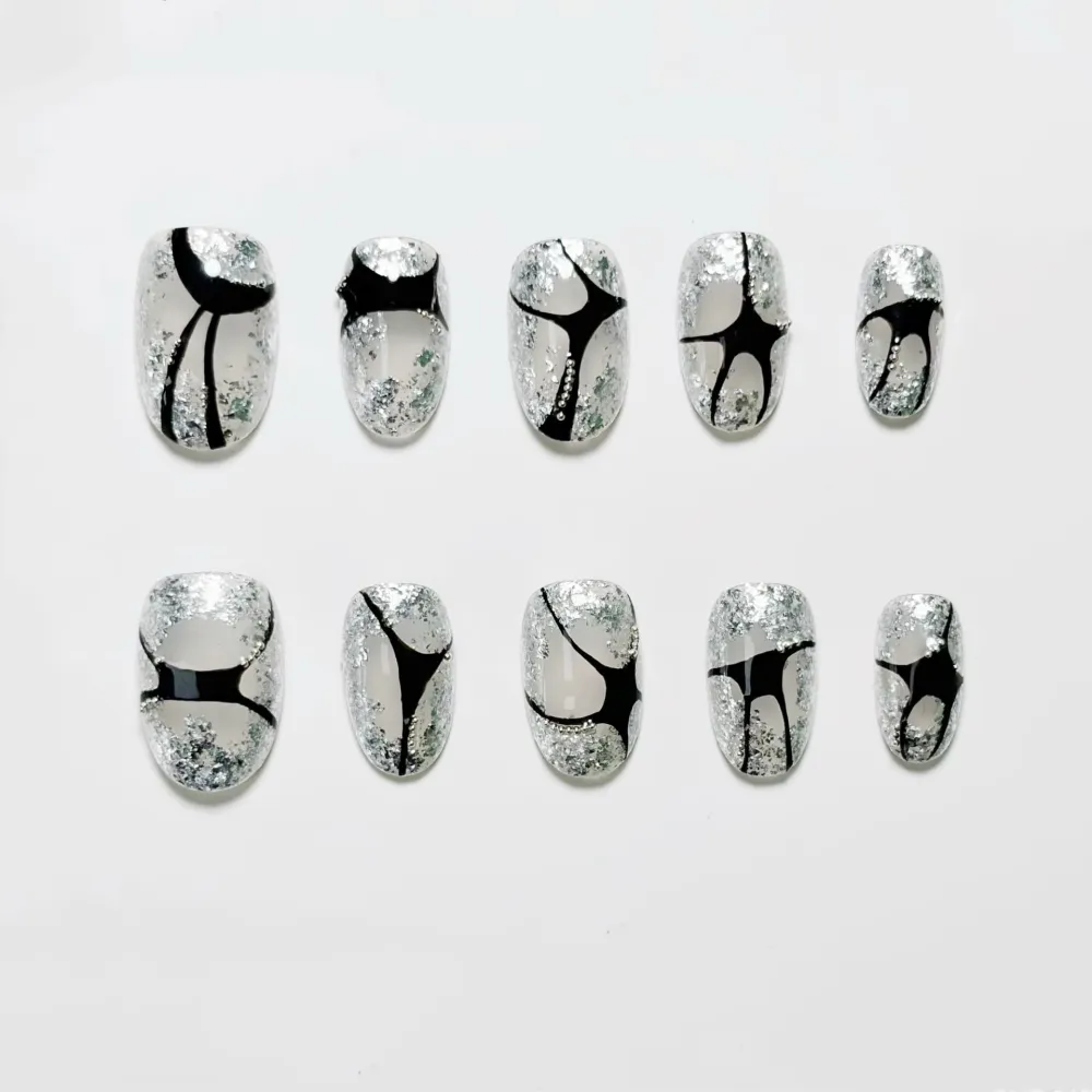 Nailhour 10Pcs Glitter French Minimalist Short Oval Press On Nails