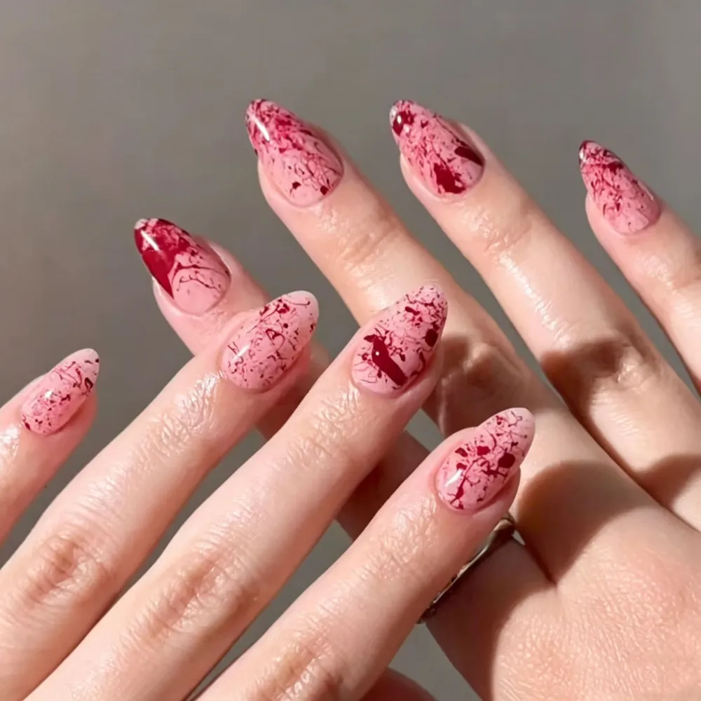 Nailhour 30Pcs Red Blood French Halloween Short  Almond Press On Nails