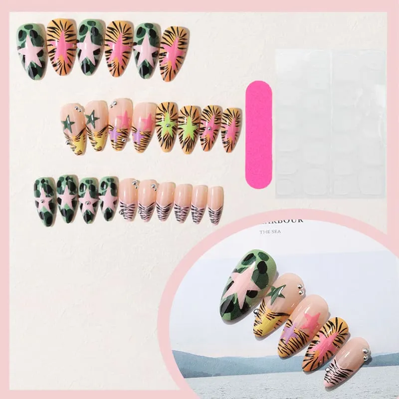 Nailhour 24Pcs Five-pointed Star Zebra Stripes 3D Y2K Rhinestone Medium Almond Press On Nails
