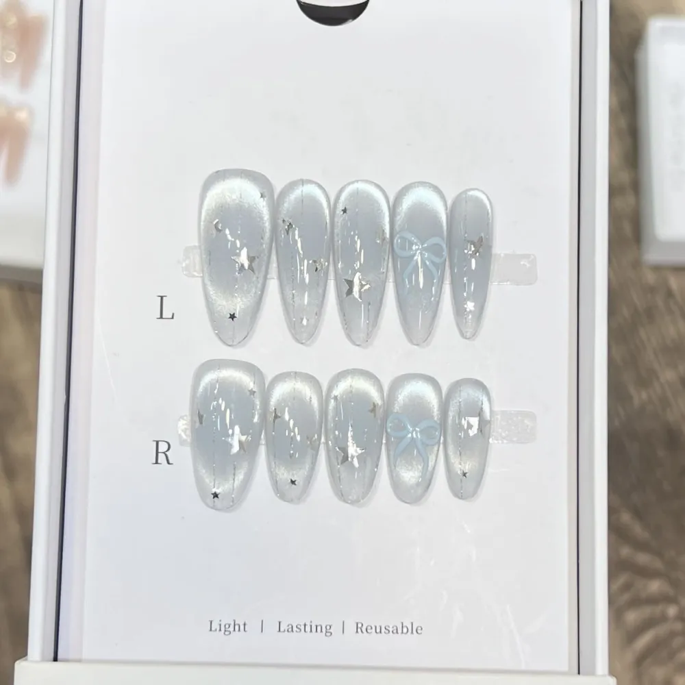 Nailhour 10Pcs French Blue Minimalist Medium Oval Press On Nails