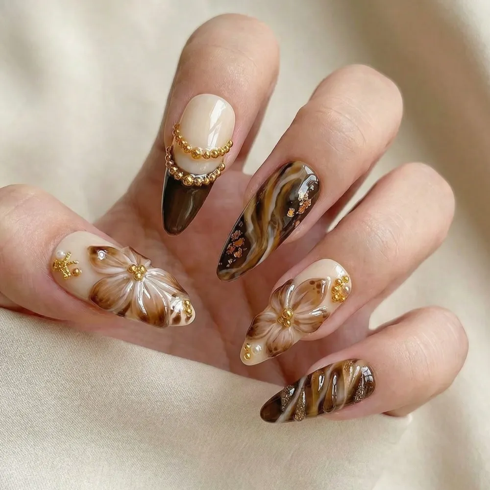 Nailhour 10pcs Handmade French Gradient Brown Flower 3D Press On Nails