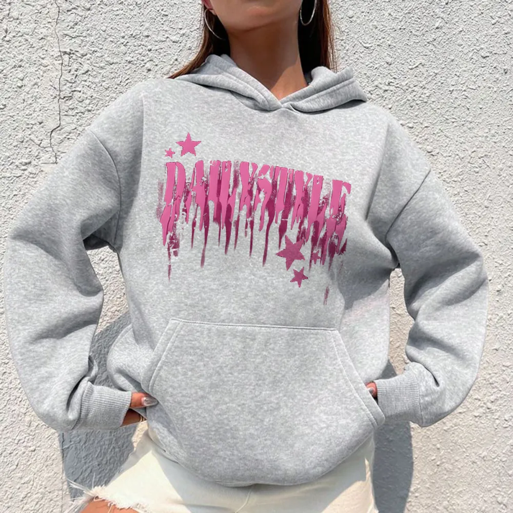 Pink Slogan And Pink Star Crew Neck Hoodies