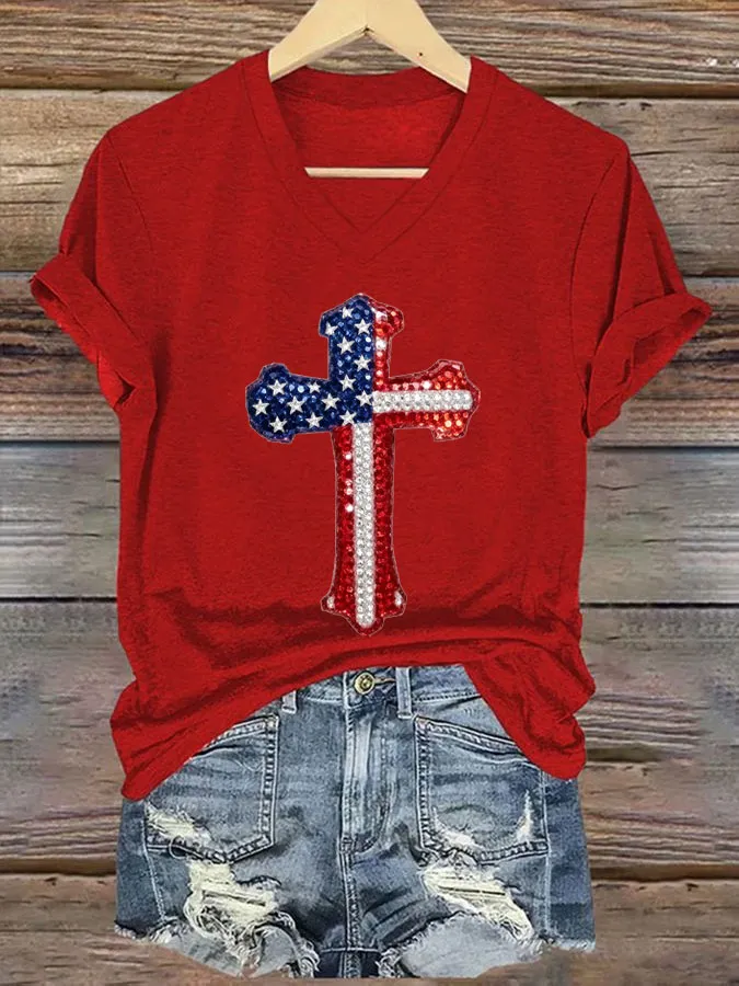 Women'S America Flag Cross Print Casual V-Neck T-Shirt