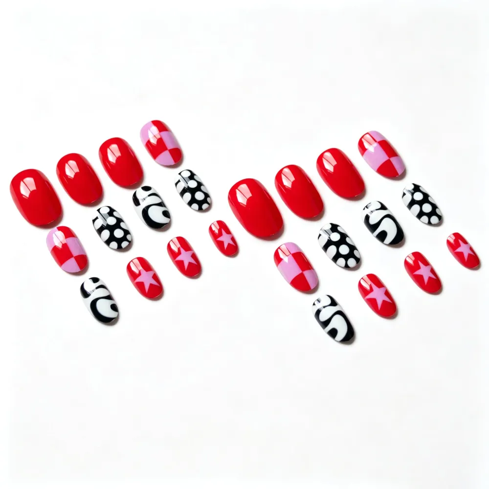 Nailhour 24Pcs French Multicolor Short Oval Press On Nails