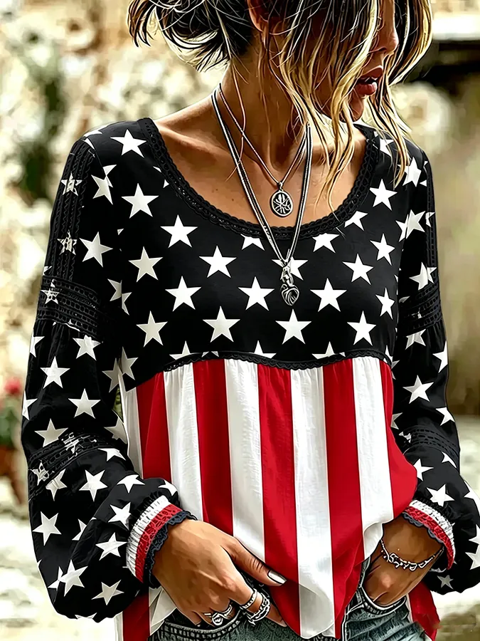 Women's Vintage American Flag Floral Art Cotton-Linen Shirt