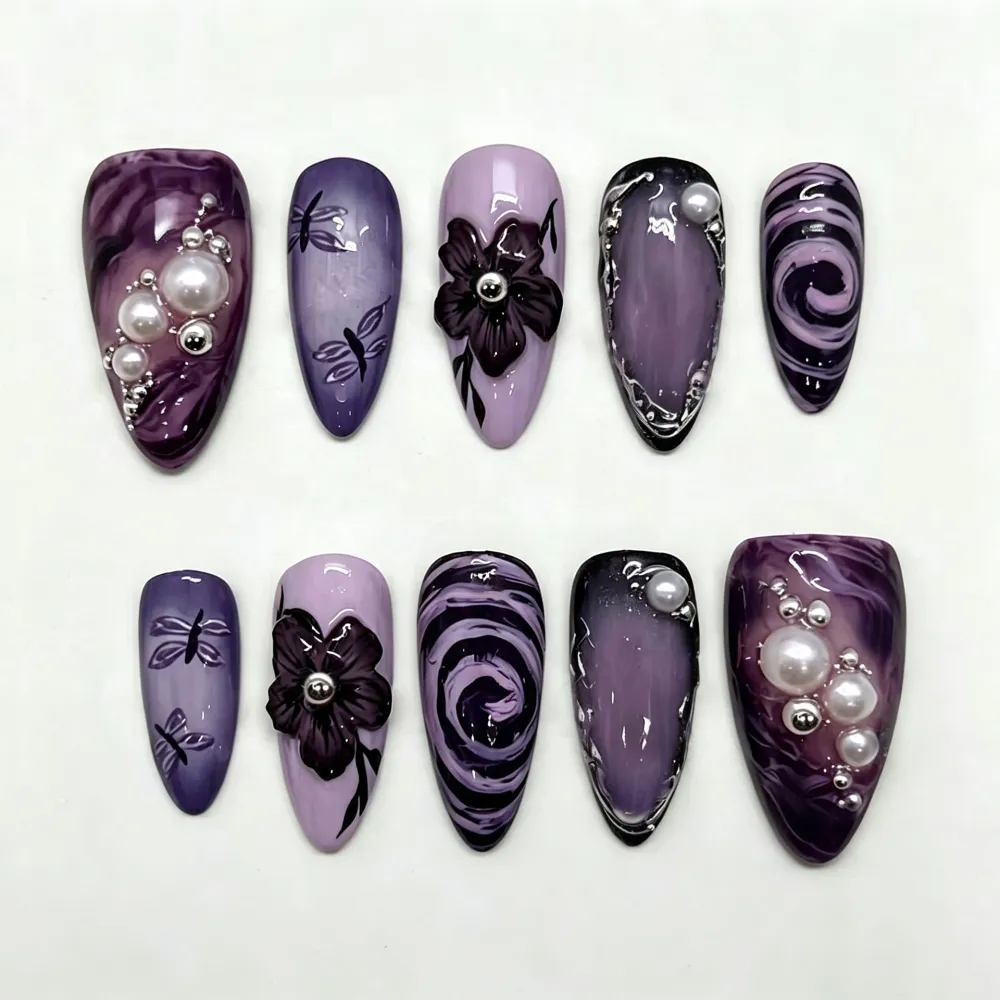 Nailhour 30Pcs Purple Floral 3D Medium Almond French Press On Nails
