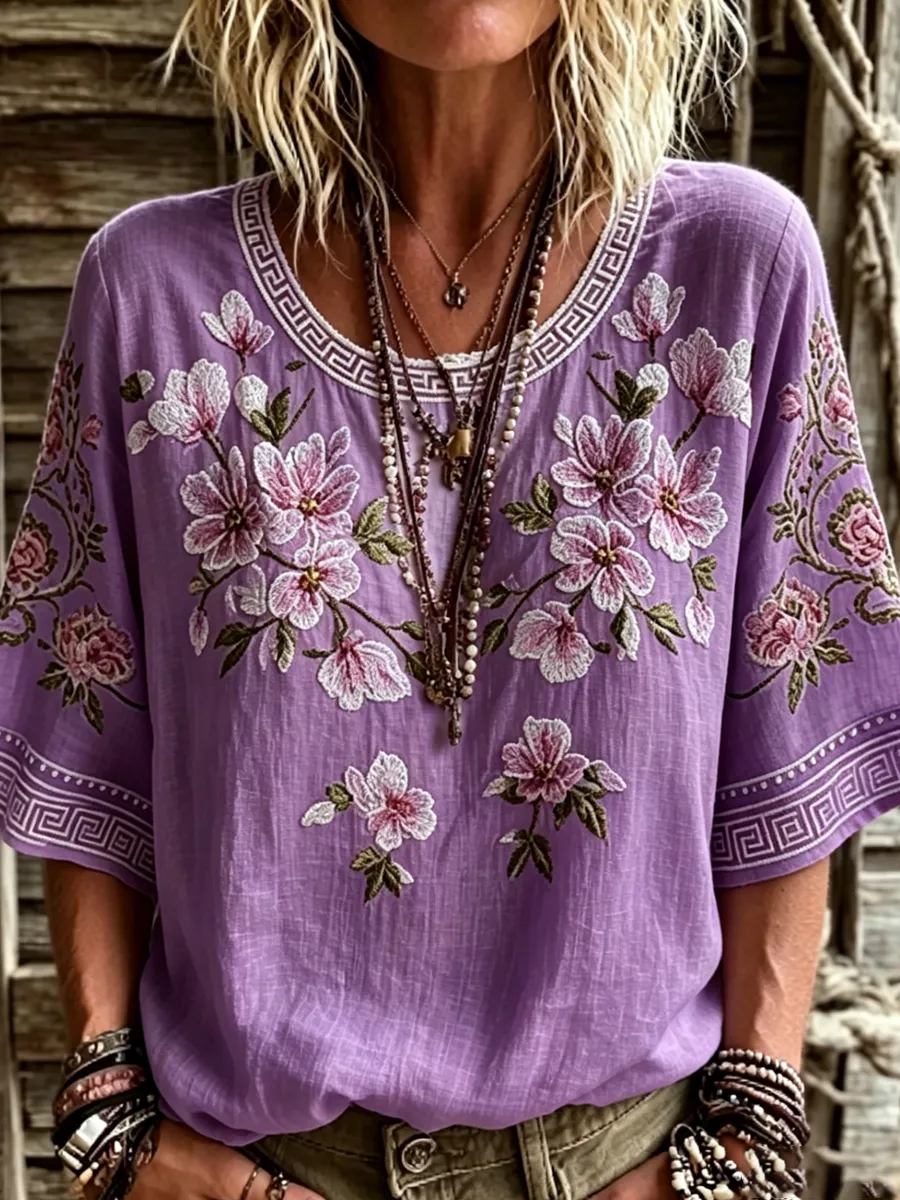 Women'S Floral Print Round Neck Short Sleeved T-Shirt