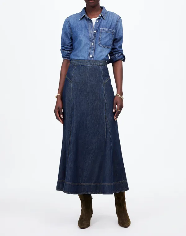 Denim Circle Wash Midi Skirts