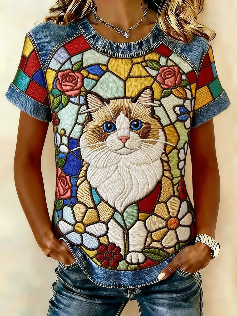 Women's Stained Glass Ragdoll Cat & Rose Embroidered Denim Patchwork T-Shirt