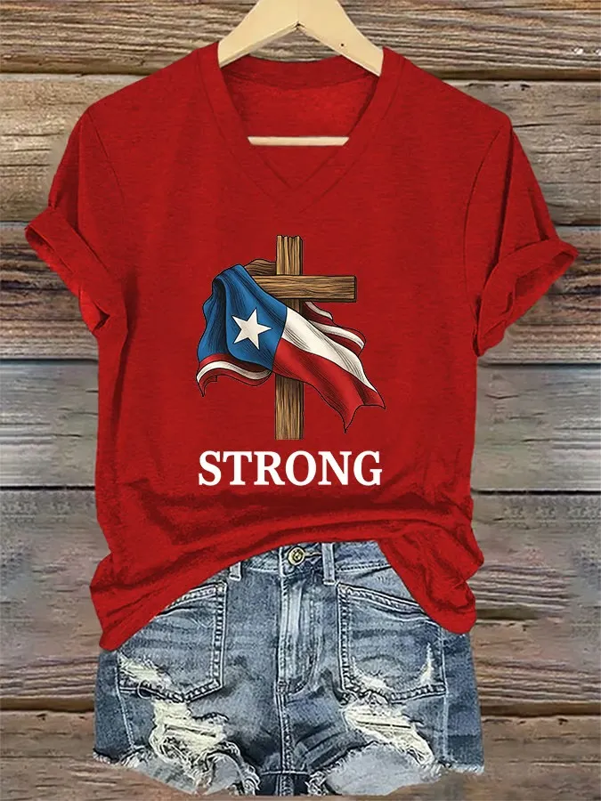 V-Neck Retro Texas Strong Faith Cross Print T-Shirt