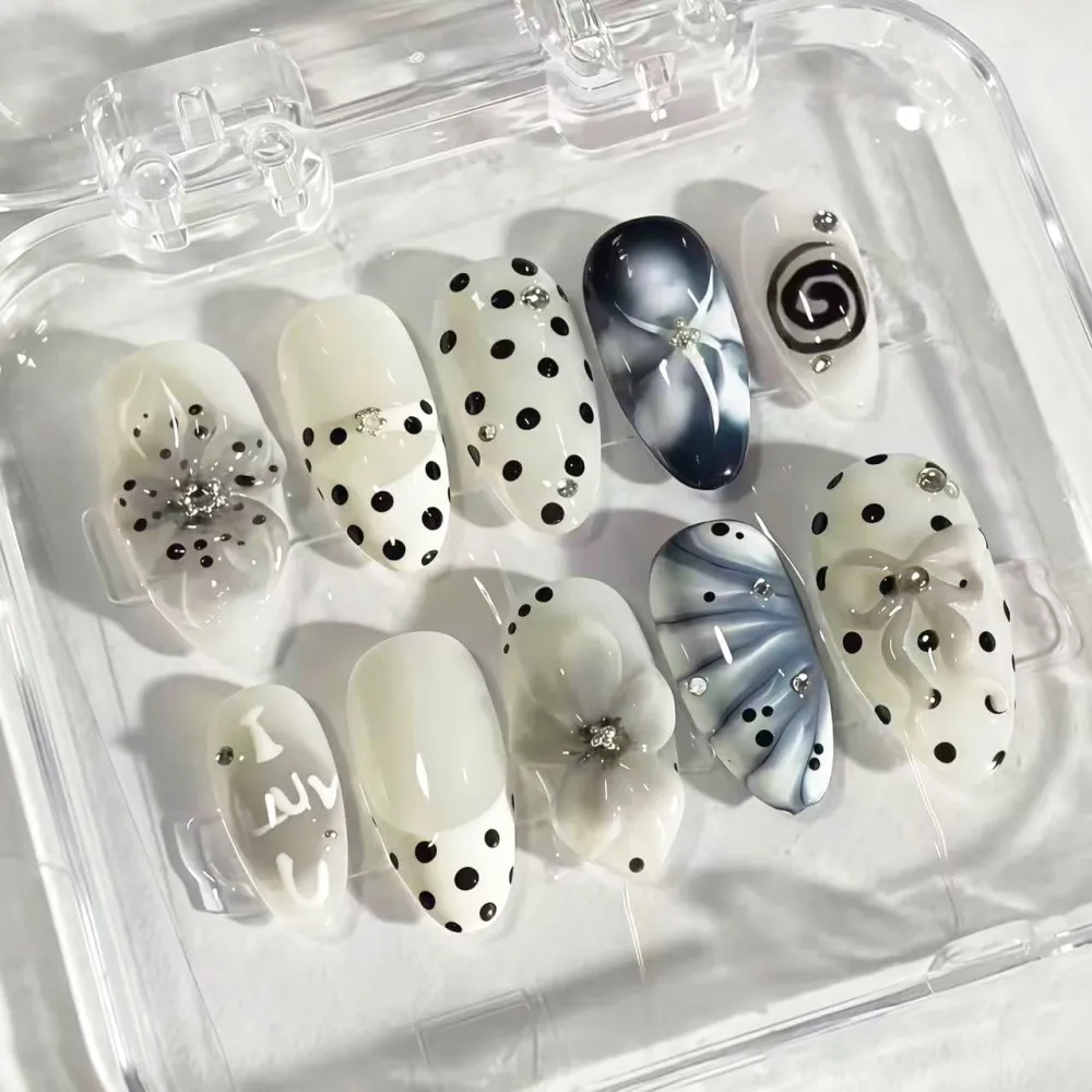 Nailhour 30Pcs Bow 3D Medium Almond French Polka Dots Press On Nails