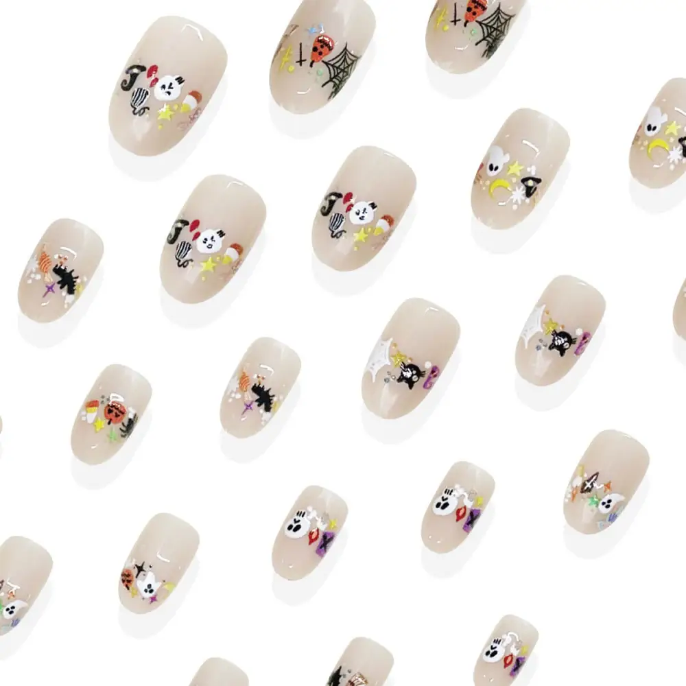 Nailhour 24Pcs Halloween Short Oval Playful Little Ghosts Press On Nails