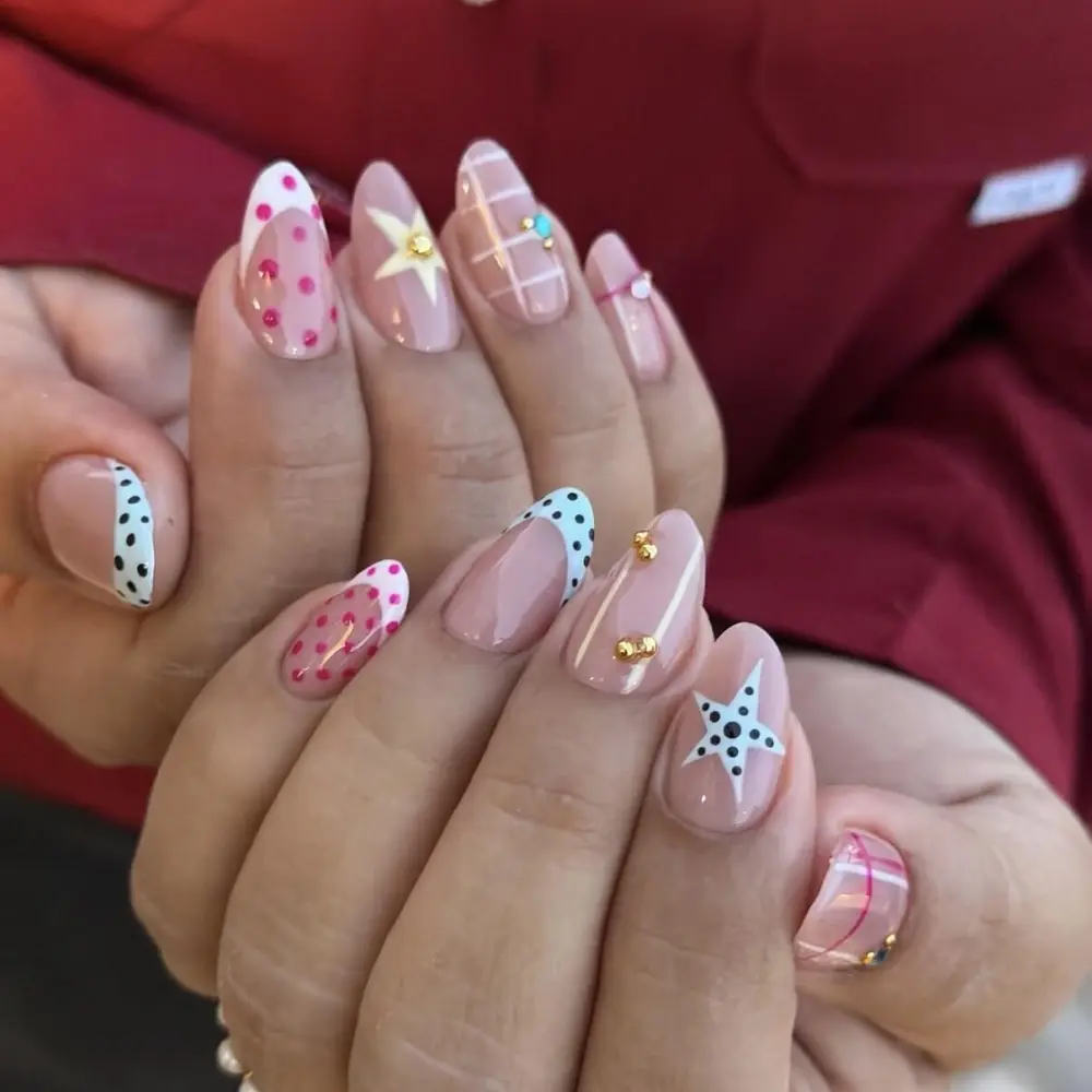 Nailhour 30Pcs Medium Almond Polka Dot Stars Press On Nails
