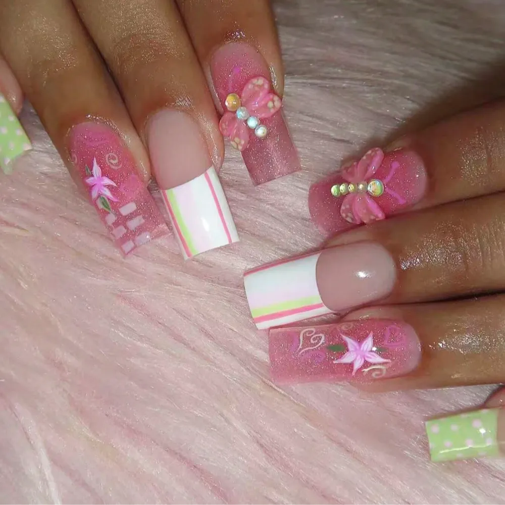 Nailhour 24Pcs French Long Square Retro Picnic Press On Nails