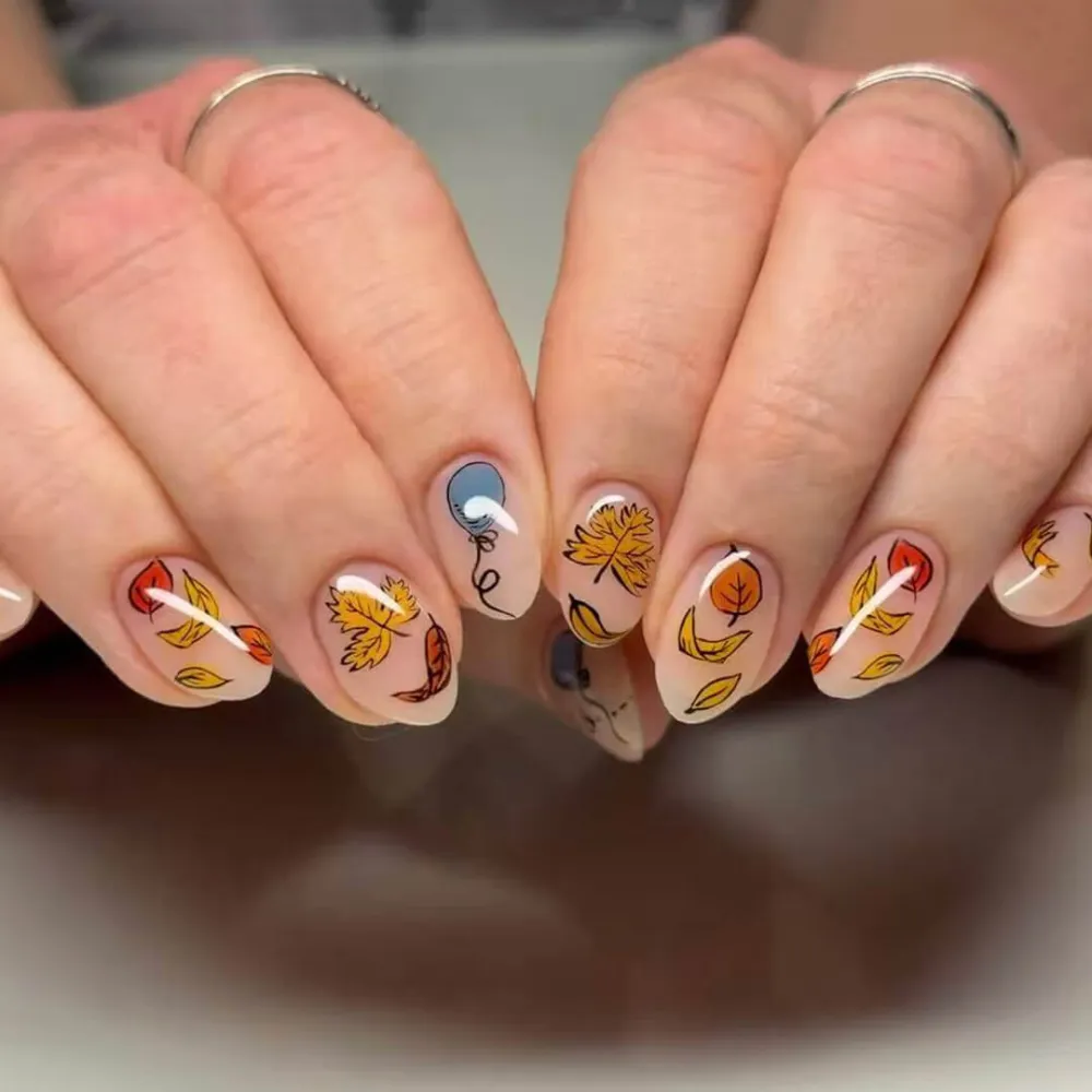 Nailhour 24Pc Short Oval Whimsical Autumn Leaves Press On Nails