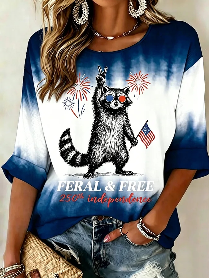 Ladies' Casual American 250Th Anniversary Celebration Personalized Raccoon Tie Print V-Neck Top