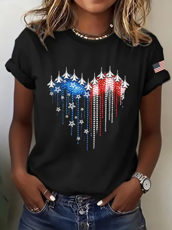 Women's casual round neck Patriot printed T-shirt