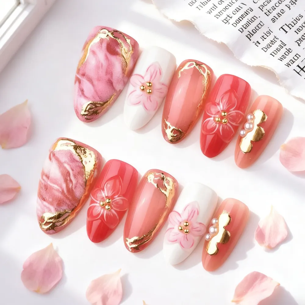 Nailhour 30Pcs Pink Gilded Floral 3D Medium Almond French Press On Nails