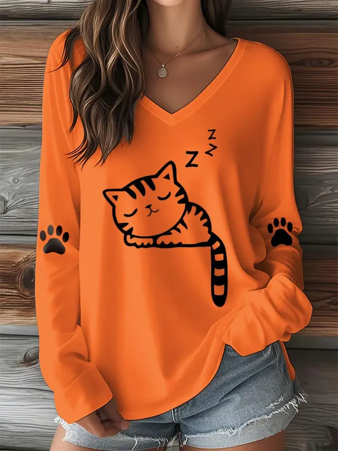 Women's T-shirt With Cute Cat Print And V-Neck And Long Sleeves