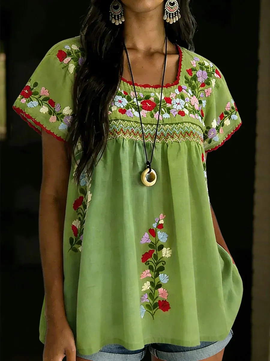 Women's Casual  Embroidery Short Sleeves Shirt